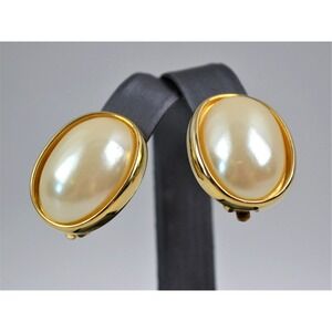 Vintage Star Brand Gold Tone Clip On Earrings with an Oval Faux Pearl 1"